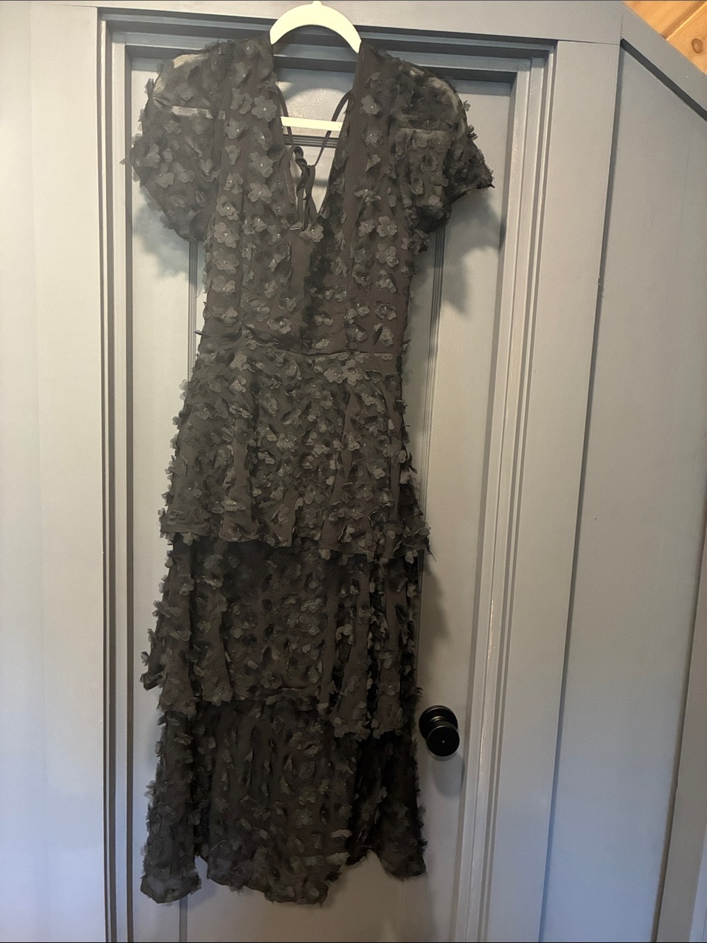 Lulu's black Textured Floral Appliqué Backless Tiered Dress